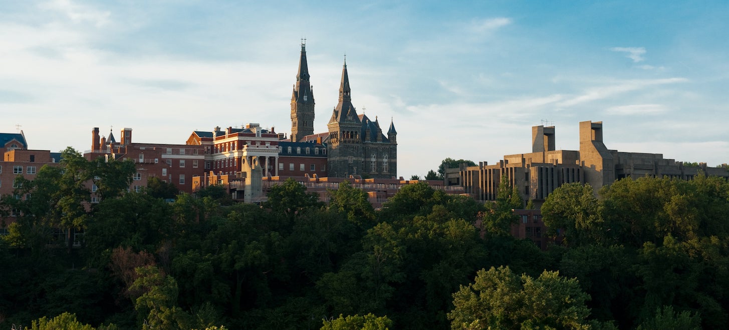Georgetown University main campus with Healy Hall and Dahlgreen buildings in the skyline.